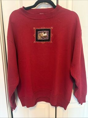 Men's Red Pullover Sweater with Cat Embroidery